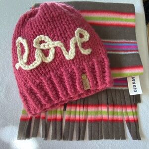 Mak Girls Thick Knitted Pink Love Hat/ Old Navy Coloured Striped Scarf